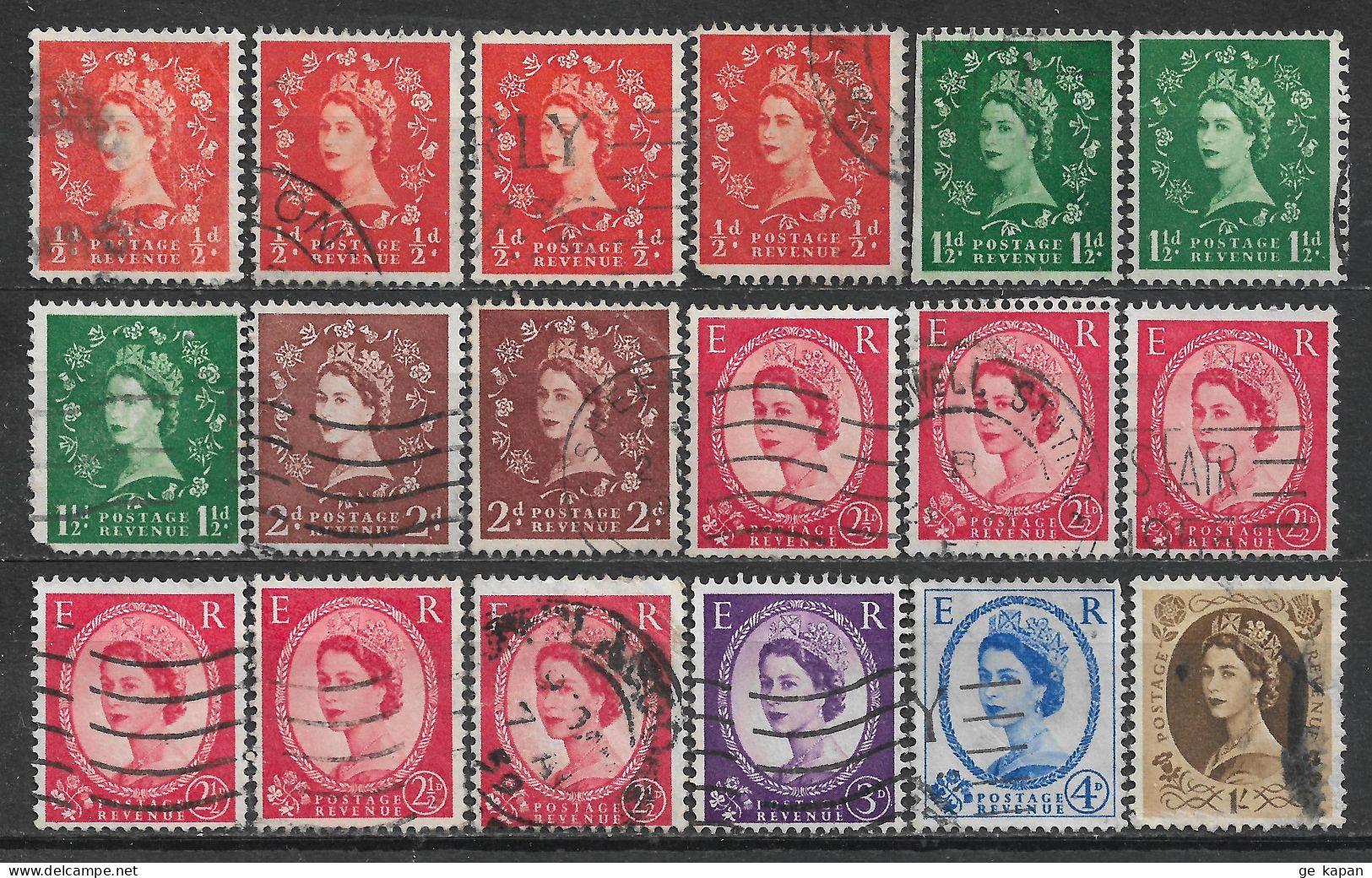 1952-1953 GREAT BRITAIN Set Of 18 USED STAMPS (Scott # 292,294-298,306) CV $5.60 - Gebruikt