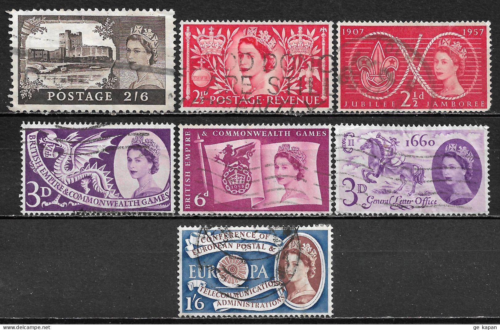 1953-1960 GREAT BRITAIN SET OF 7 USED STAMPS (Scott # 309,313,334,338,339,375,378)  SCV $10.15 - Used Stamps