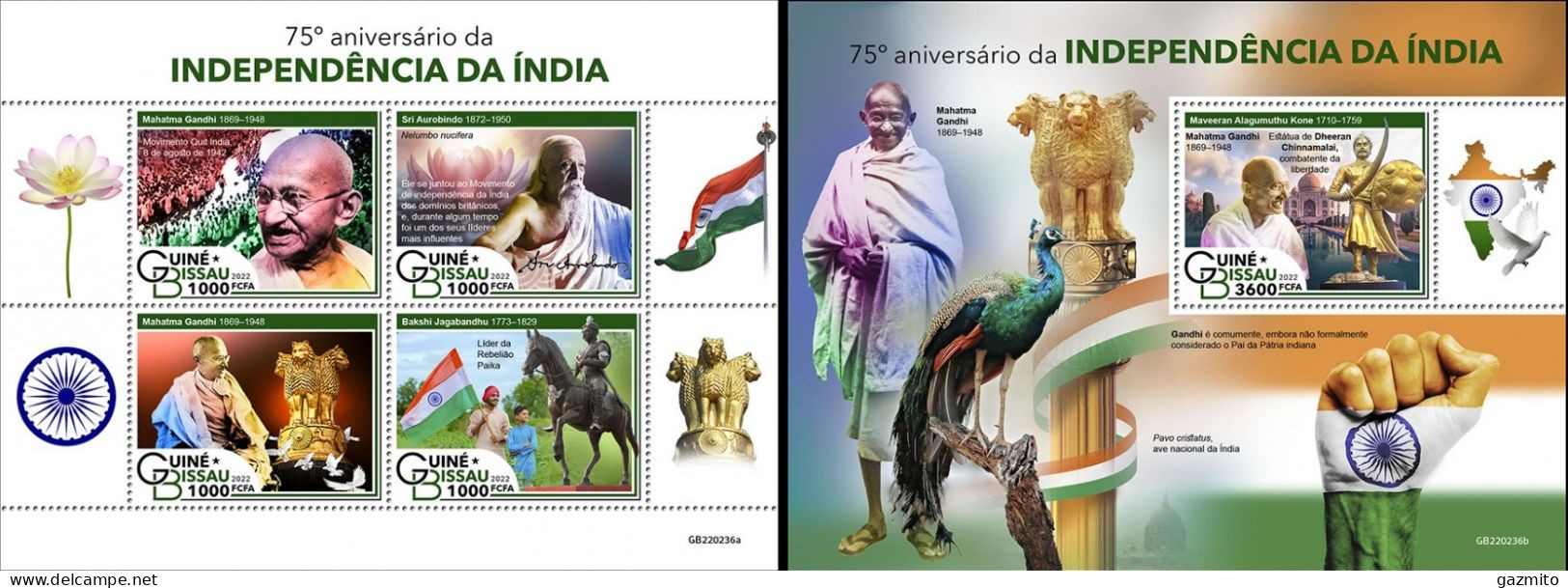 Guinea Bissau 2022, 75t India Independence, Gandhi, 4val In BF+BF - Briefmarken