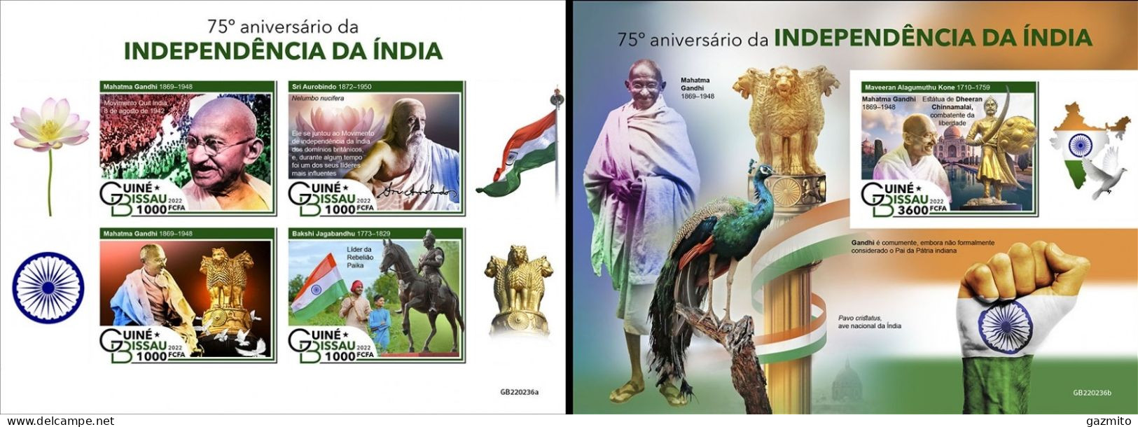 Guinea Bissau 2022, 75t India Independence, Gandhi, 4val In BF+BF IMPERFORATED - Stamps