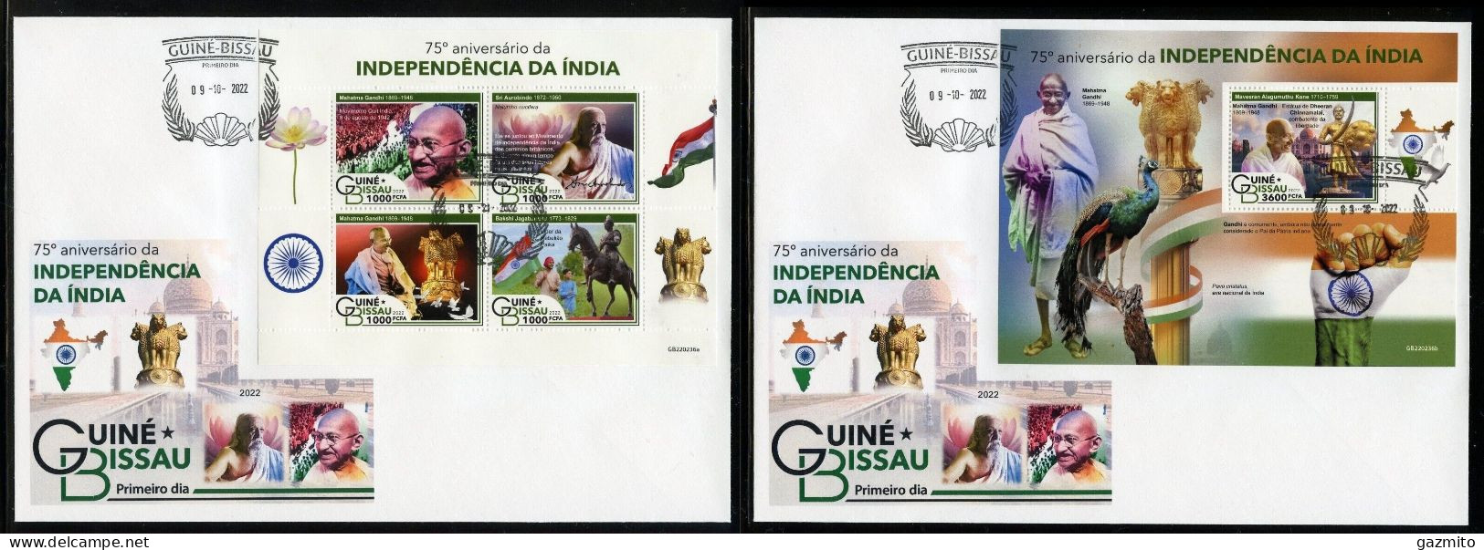 Guinea Bissau 2022, 75t India Independence, Gandhi, 4val In BF+BF In 2FDC - Omslagen