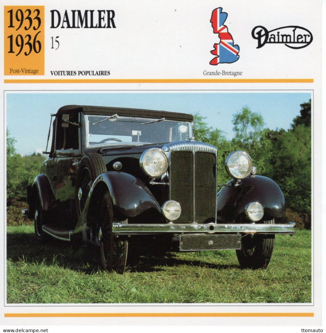 Fiche  -  Voiture Populaire  -  Daimler 15  (1934)   -  Carte De Collection - Coches