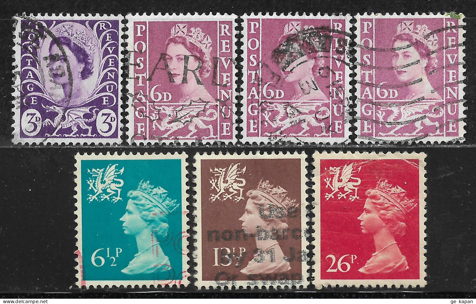 1958-1982 WALES Set Of 7 Used Stamps (Scott # 1,3,WMMH7,WMMH21,WMMH47) - Wales