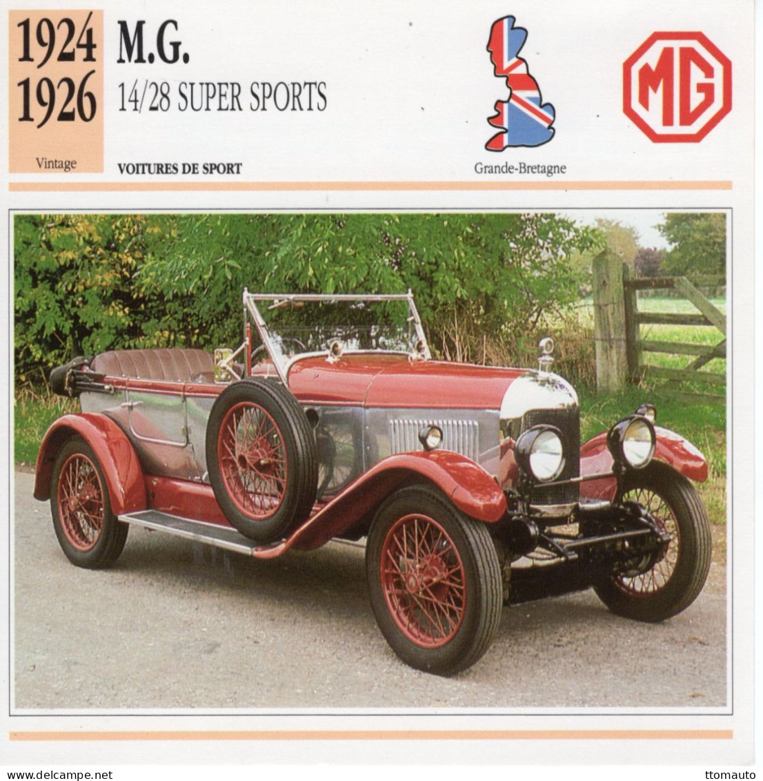 Fiche  -  Voiture De Sport  -  M.G. 14/28 Super Sports  (1926)   -  Carte De Collection - Voitures