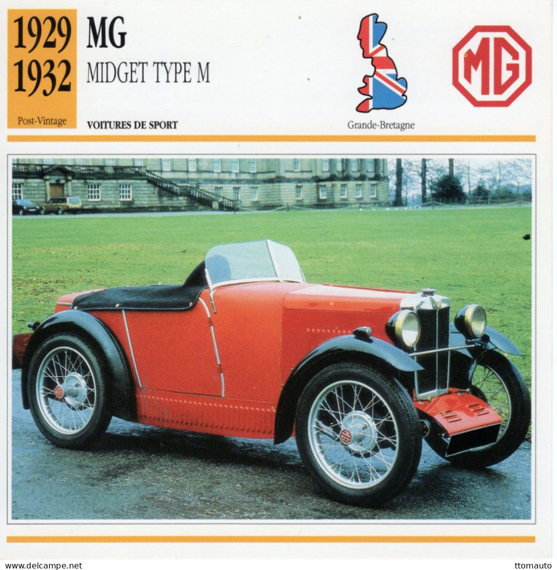 Fiche  -  Voiture De Sport  -  M.G. Midget Type M  (1930)   -  Carte De Collection - Coches