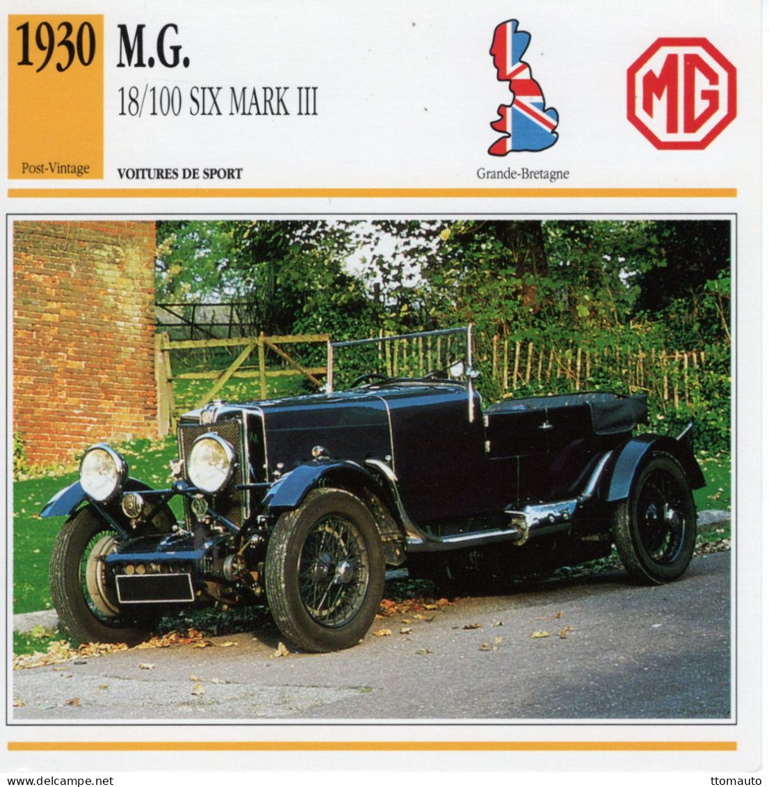 Fiche  -  Voiture De Sport  -  M.G. 18/100 Six Mk.III  (1930)   -  Carte De Collection - Auto's