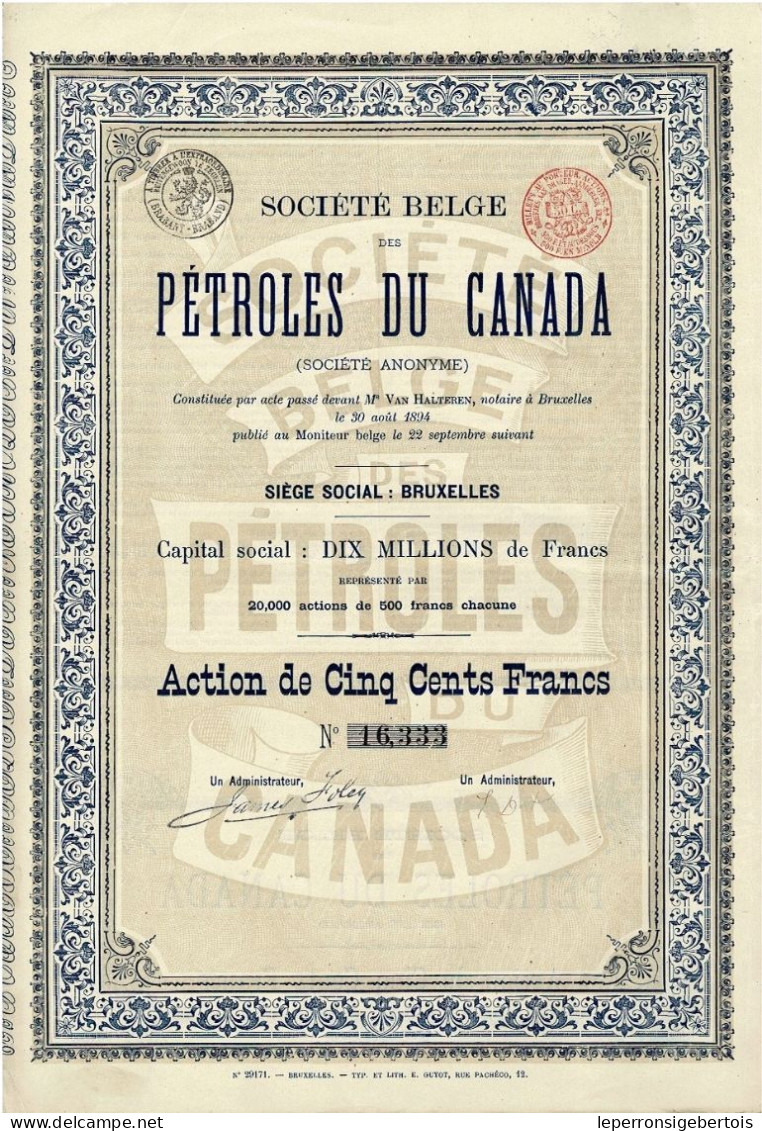 - Titre De 1894  - Société Belge Des Pétroles Du Canada - Société Anonyme - - Pétrole