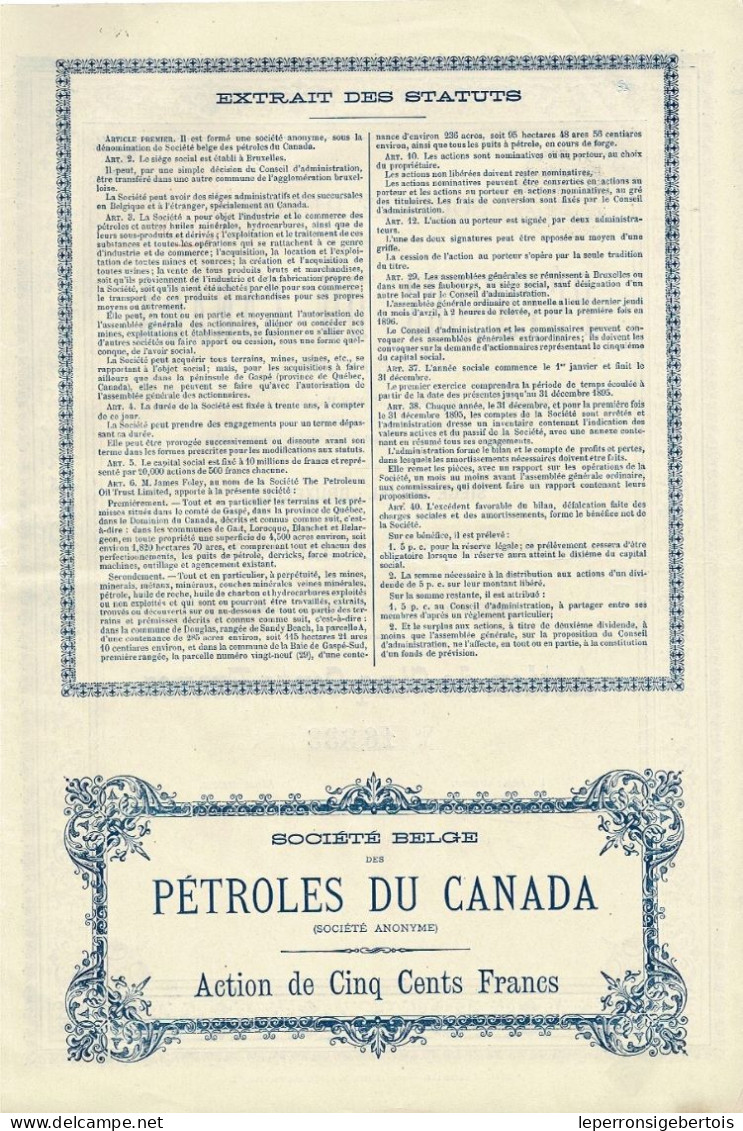 - Titre De 1894  - Société Belge Des Pétroles Du Canada - Société Anonyme - - Petróleo