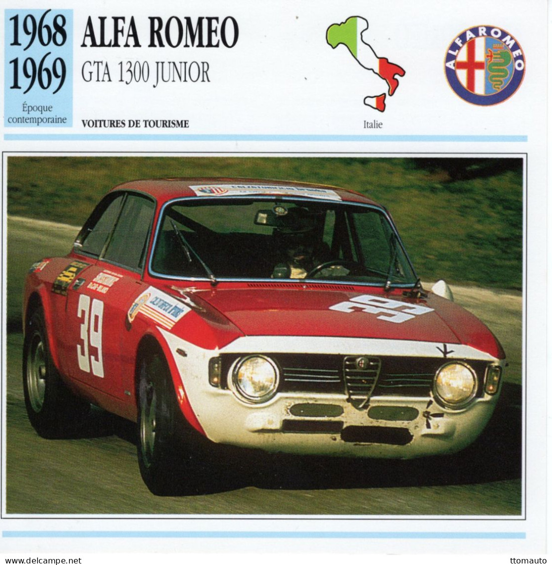 Fiche  -  Voiture De Tourisme -  Alfa Romeo GTA 1300 Junior (1968)   -  Carte De Collection - Cars