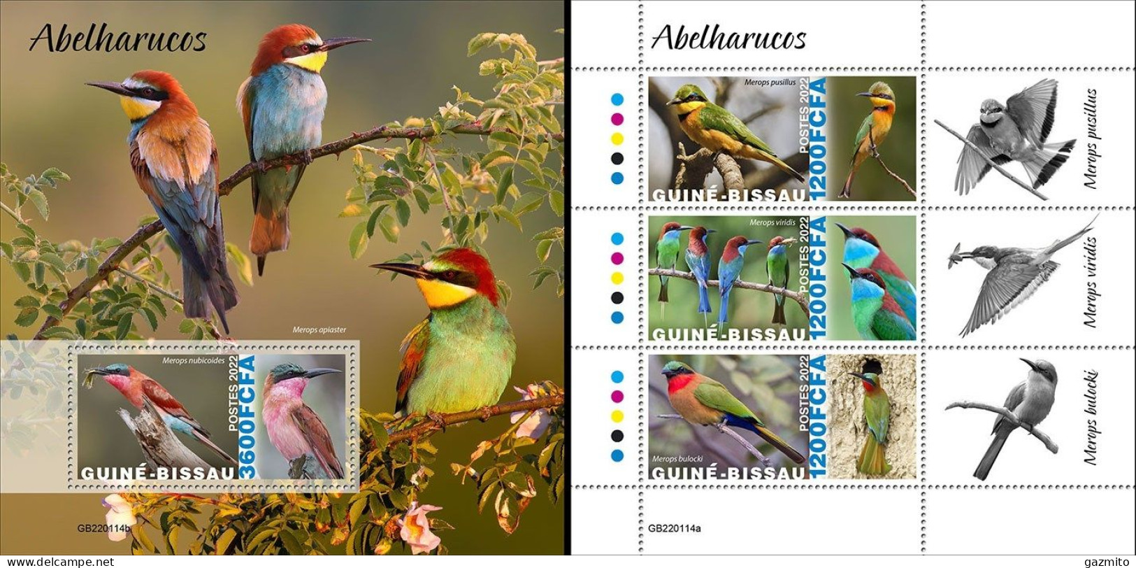 Guinea Bissau 2022, Animals, Bee_eaters, 3val In BF +BF - Songbirds & Tree Dwellers