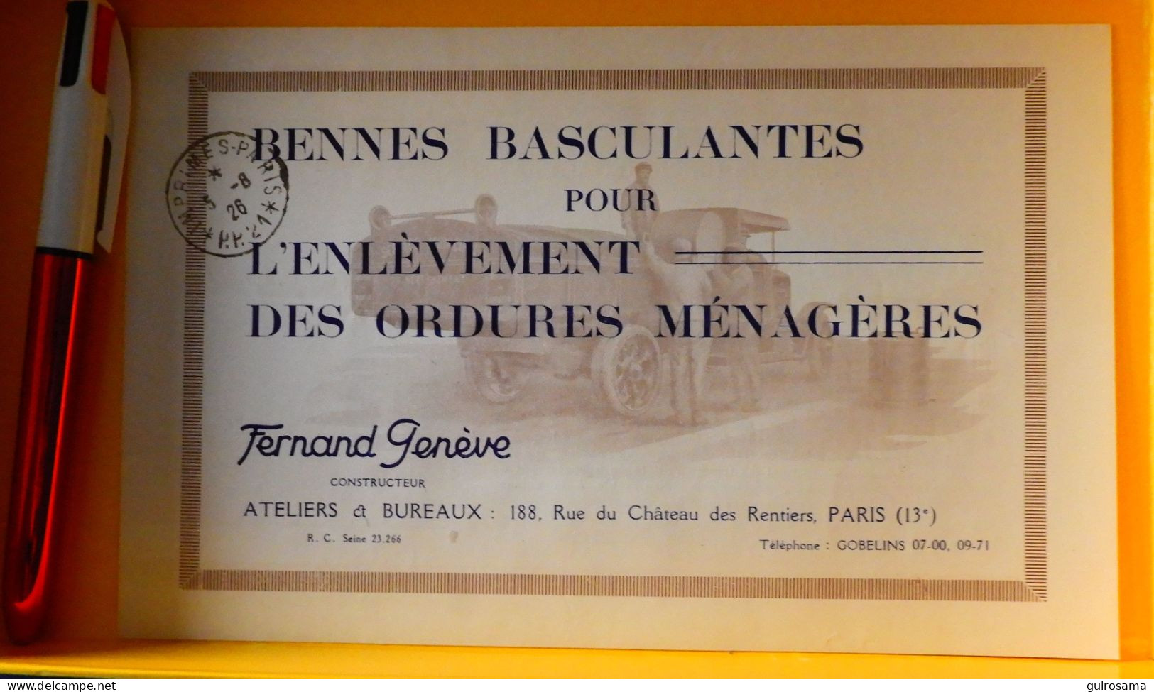 Bennes Basculantes Pour Les Ordures - Fernand Genève 188 Rue Du Château Des Rentiers Paris 13 - 1926 - Auto's