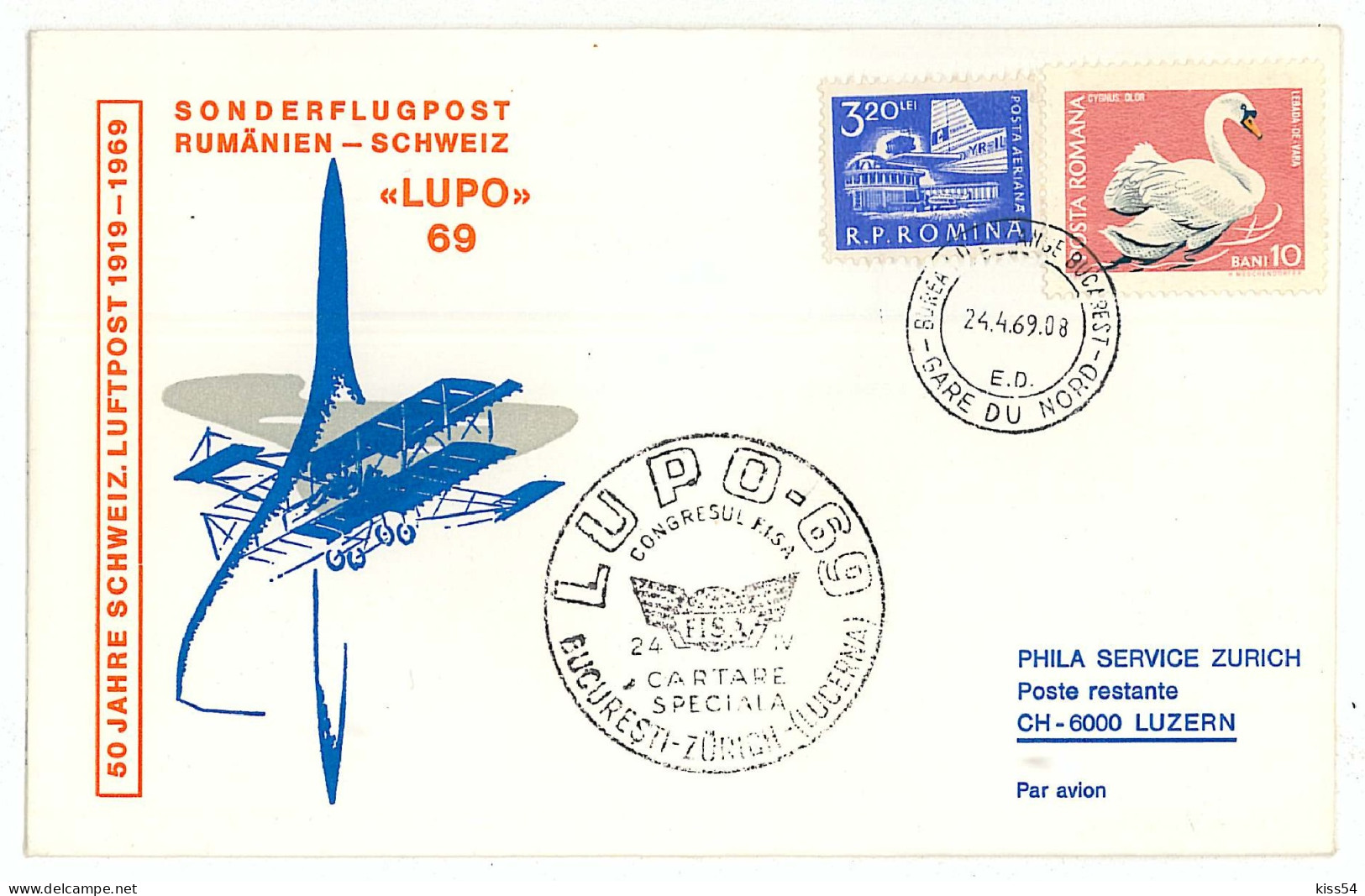 CV 26 - 26 AIRPLANE, Flight Romania-Switzerland  - Cover - Used - 1969 - Maximumkaarten