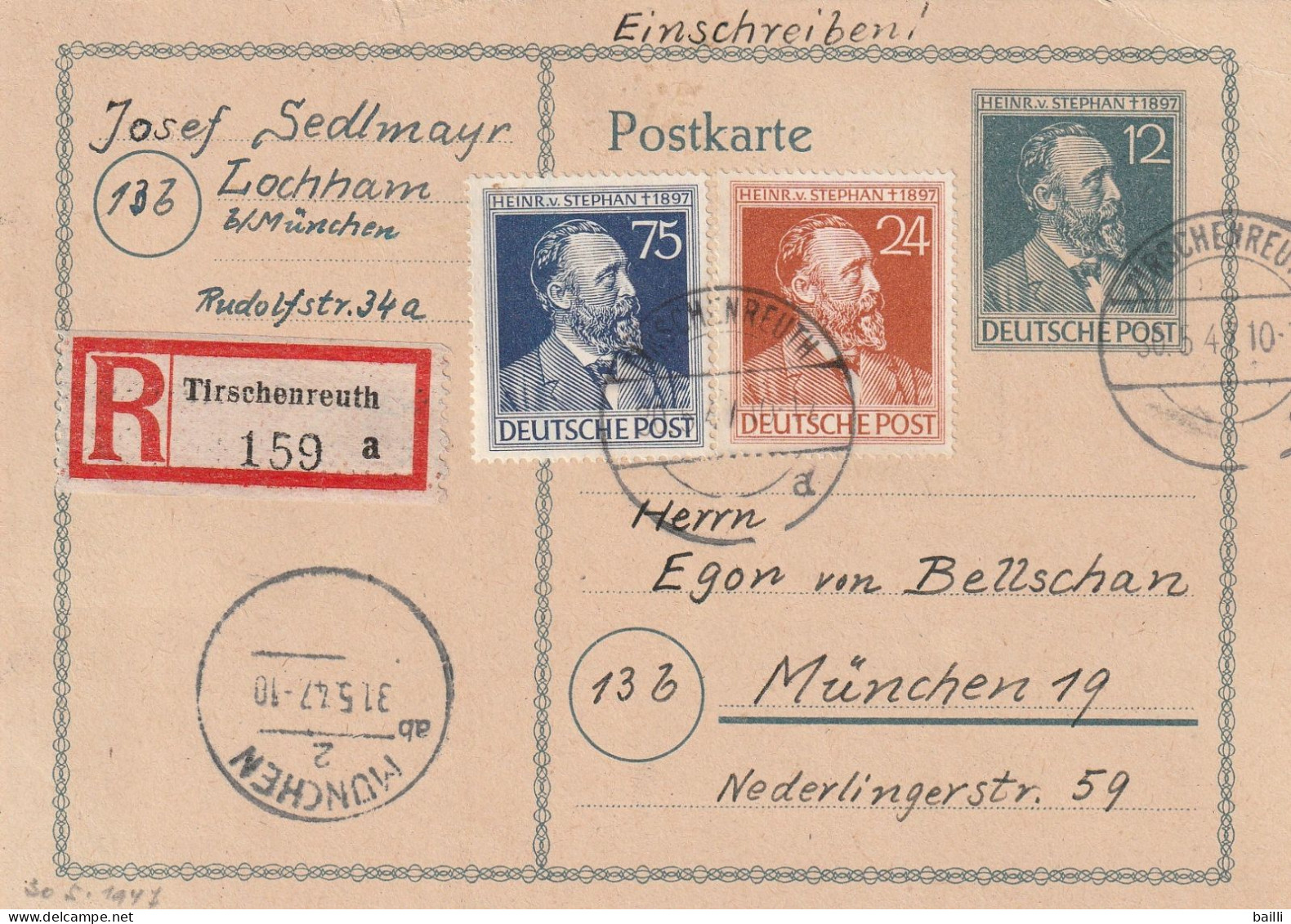 Allemagne Zone AAS Entier Postal Recommandé Tirschenreuth 1947 - Entiers Postaux