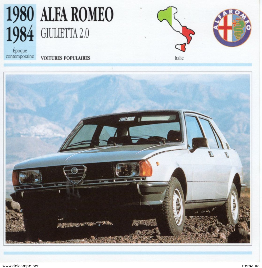 Fiche  -  Voiture Populaire -  Alfa Romeo Giulietta 2.0 Berlina (1982)  -  Carte De Collection - Autos