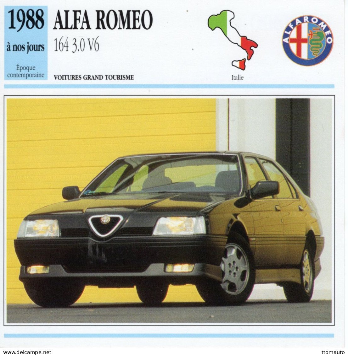 Fiche  -  Voiture Grand Tourisme -  Alfa Romeo 164 3.0 V6 Berlina (1988)  -  Carte De Collection - Voitures