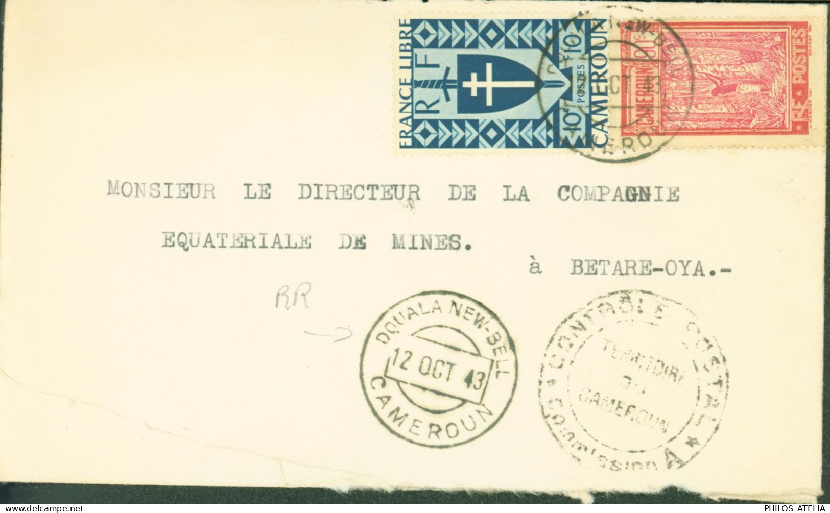 Cameroun YT N°125 250 CAD à Pont Central Douala New Bell Cameroun 12 OCT 43 Pour Cie Mines Betare Oya Censure Cameroun - Storia Postale