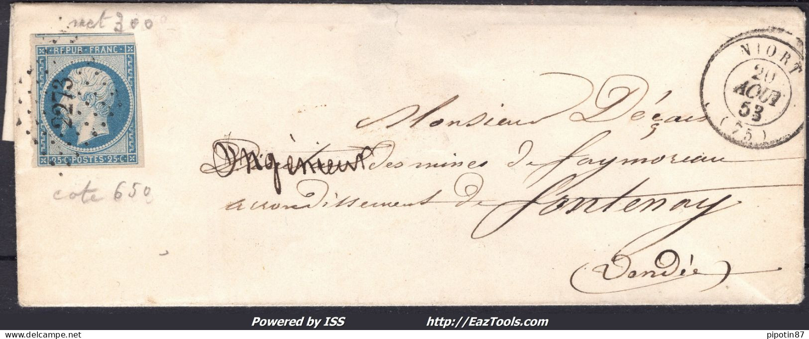 FRANCE N° 10 SUR LETTRE AVEC PC 2273 NIORT DEUX SEVRES + CAD DU 20/08/1853 - 1852 Louis-Napoléon