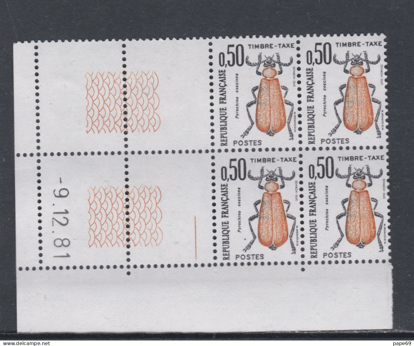 France Timbres-Taxe N° 105 XX Insectes : 50 C. Coléoptère, En Bloc De 4 Coin Daté Du 9 . 12 . 81 ; 1 Trait, Ss Ch. TB - Segnatasse