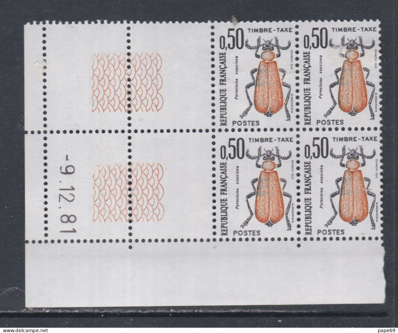 France Timbres-Taxe N° 105 XX Insectes : 50 C. Coléoptère, En Bloc De 4 Coin Daté Du 9 . 12 . 81 ; Sans Trait, Ss Ch. TB - Strafport