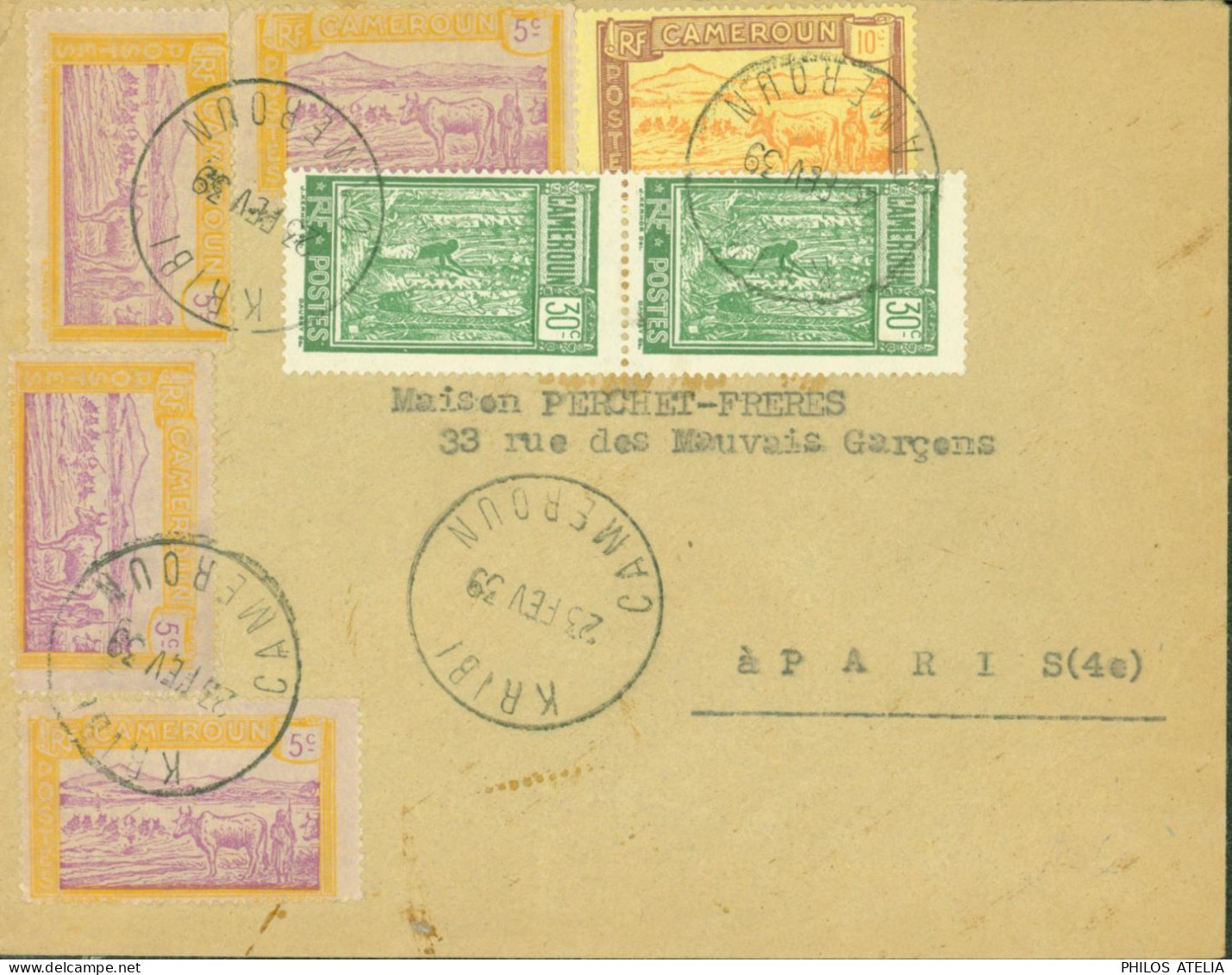 Cameroun YT N°109 X4 Troupeau 5c Jaune Lilas + N°110 Brun Rouge & Jaune 10c + N°136 X2 Vert Gris CAD Kribi 23 FEV 39 - Briefe U. Dokumente