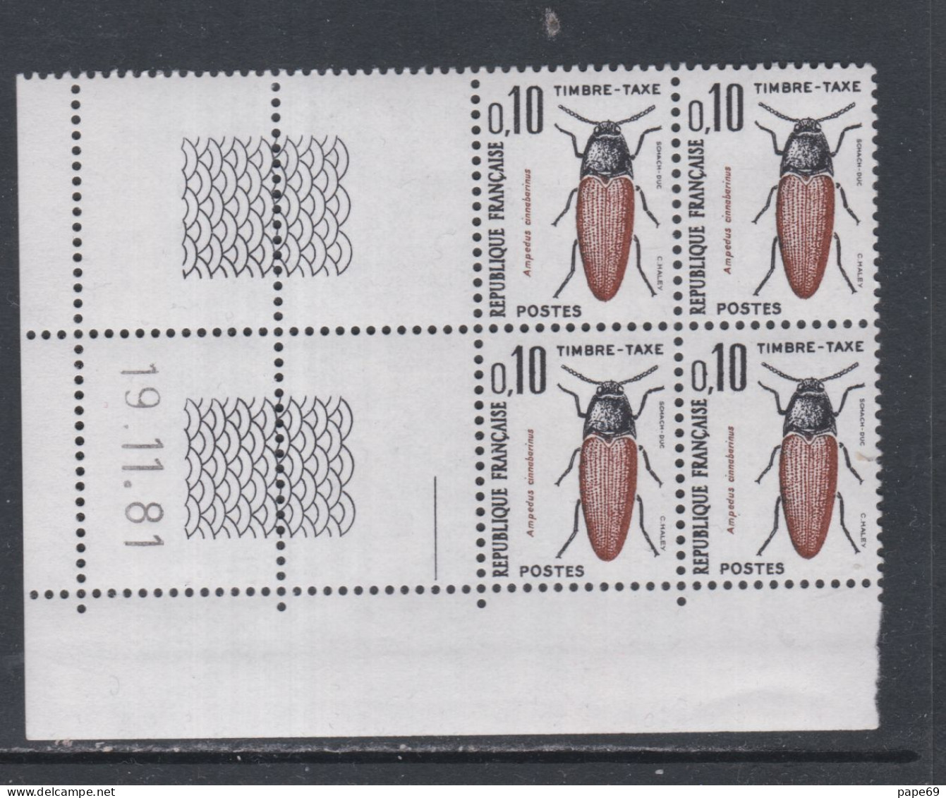 France Timbres-Taxe N° 103 XX Insectes : 10 C. Ampedus, En Bloc De 4 Coin Daté Du 19 . 11 . 81 ; 1 Trait, Ss Ch. TB - Impuestos