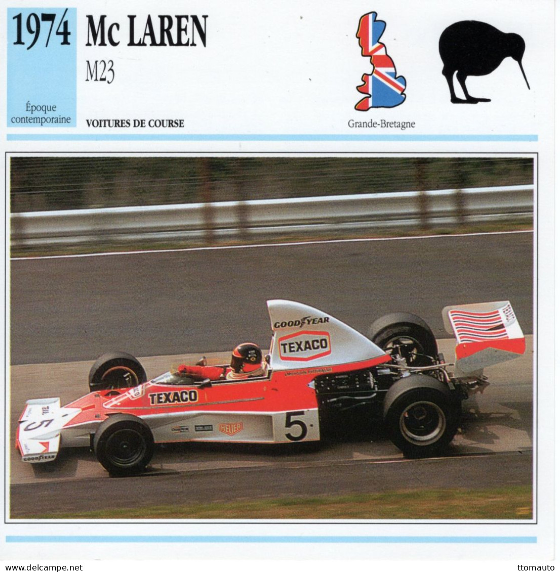 Fiche  -  Voiture De Course F1 1974 -  McLaren M23  - Pilote: Emerson Fittipaldi   -  Carte De Collection - Coches