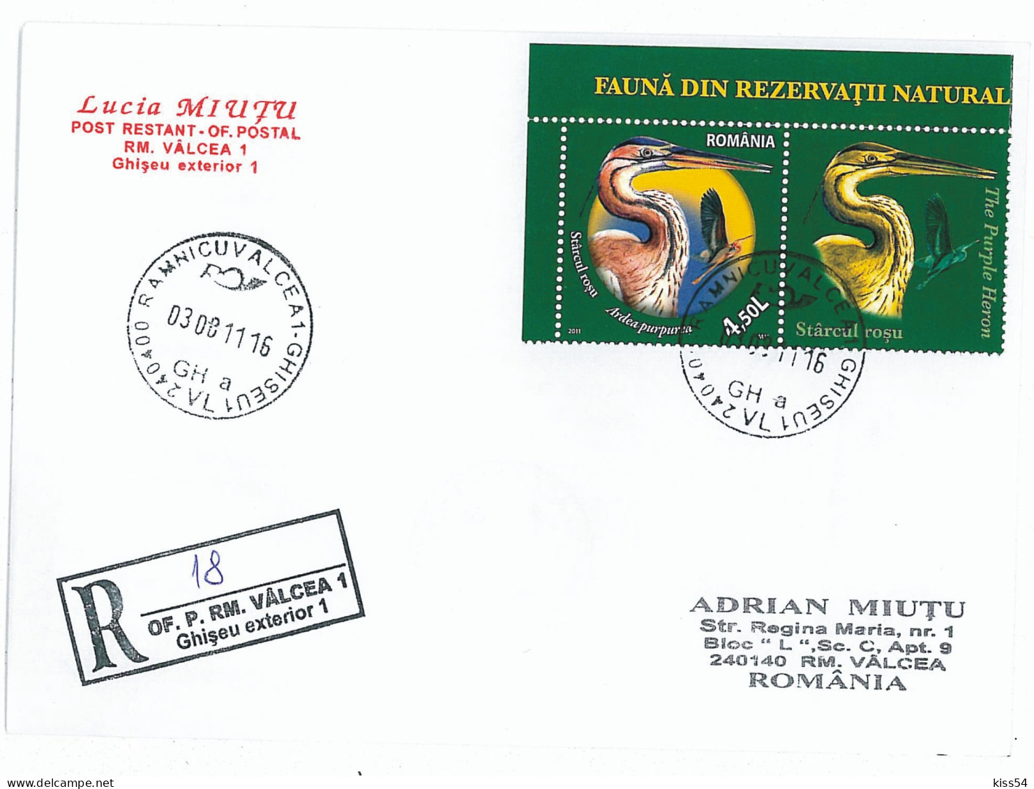 CP 16 - 18-a THE PURPLE HERON, Romania - Registered, Stamp With Vignette - 2011 - Storia Postale