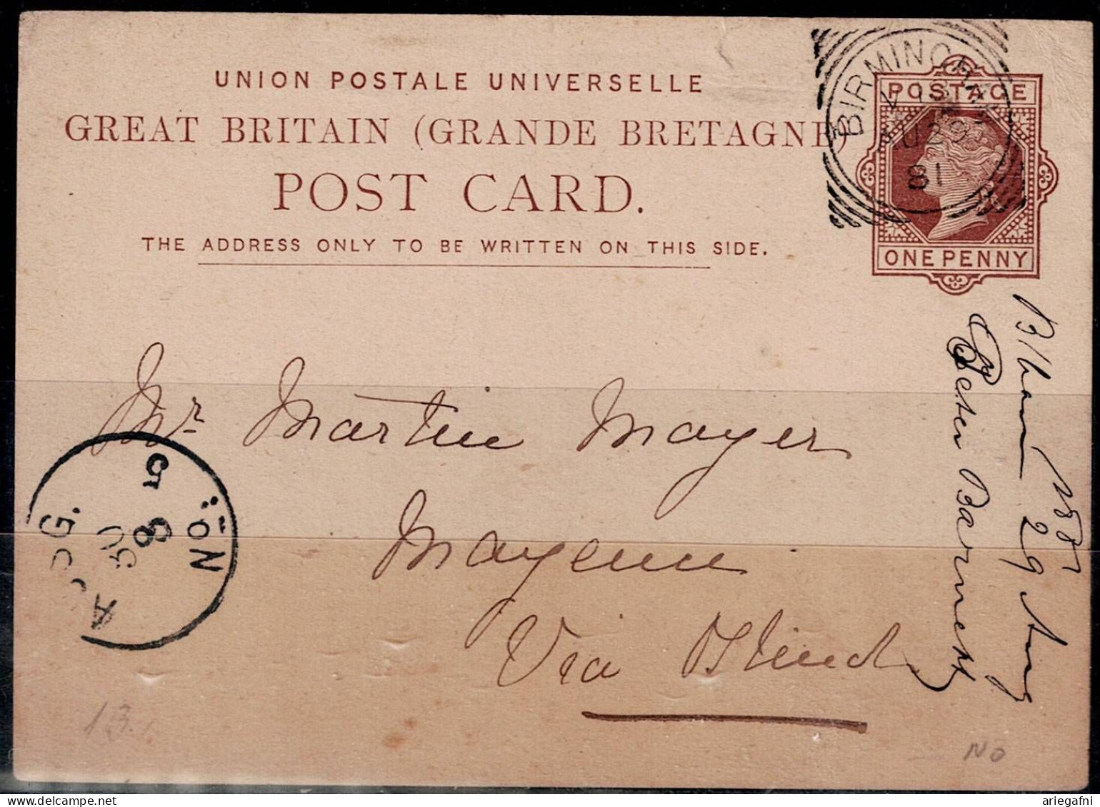 UNITED KINGDOM 1881 POSTCARD SENT 30/8/1881 FROM BIRMINGHAM VF!! - Birmingham