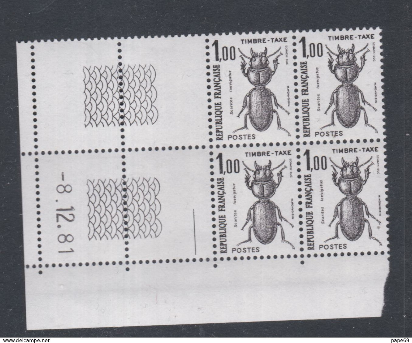 France Timbres-Taxe N° 106 XX Insectes : 1 F. Scarites, En Bloc De 4 Coin Daté Du 8 . 12 . 81 ; 1 Trait, Ss Ch. TB - Postage Due