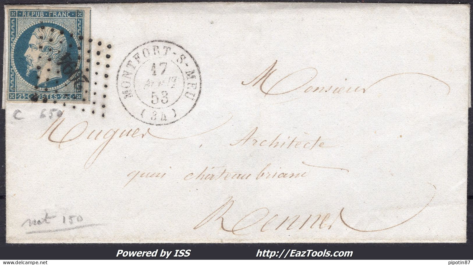 FRANCE N°10 SUR LETTRE PC 2094 MONTFORT SUR MEU ILLE ET VILAINE DU 17/08/1853 - 1852 Louis-Napoleon