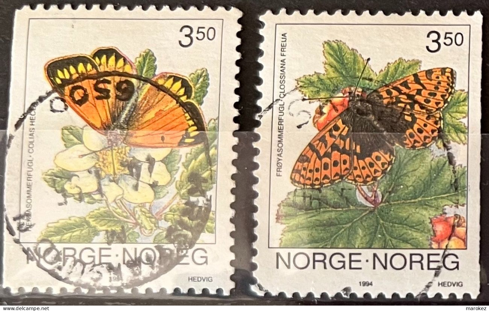 NORWAY 1994 Fauna – Butterflies (Northern Clouded Yellow & Freija Fritillary) Postally Used Set MICHEL # 1143,1144 - Used Stamps