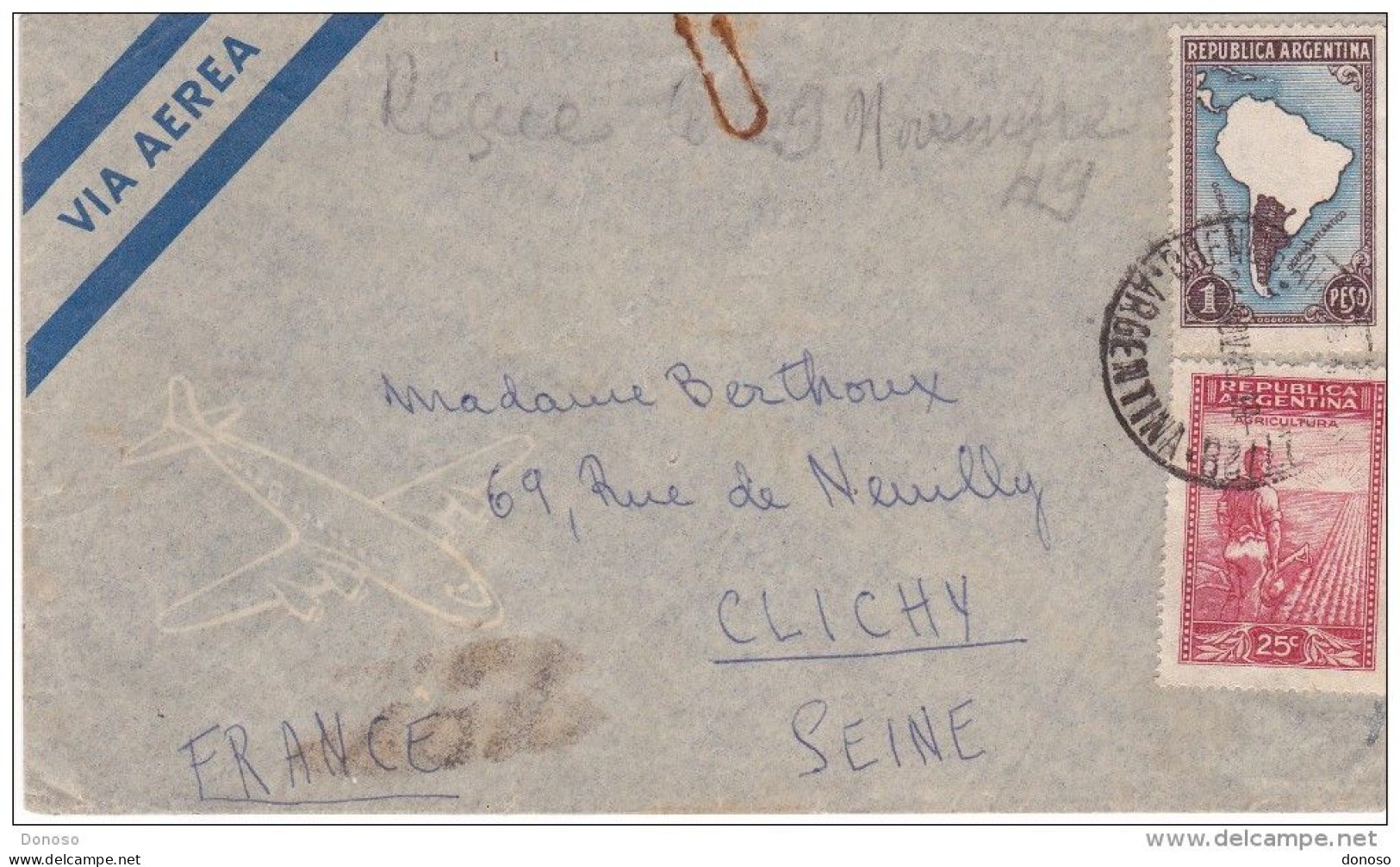 ARGENTINE  Lettre Par Avion De 1949 Pour Clichy - Storia Postale