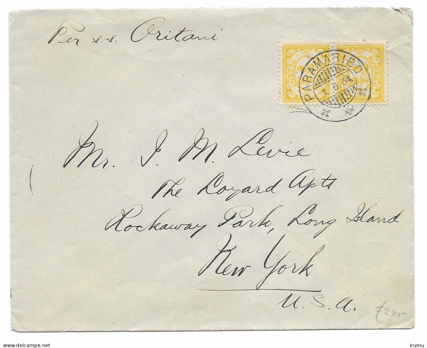 Suriname 1934, Letter To US With Pair Of NVPH 84 (SN 2814) - Surinam ... - 1975