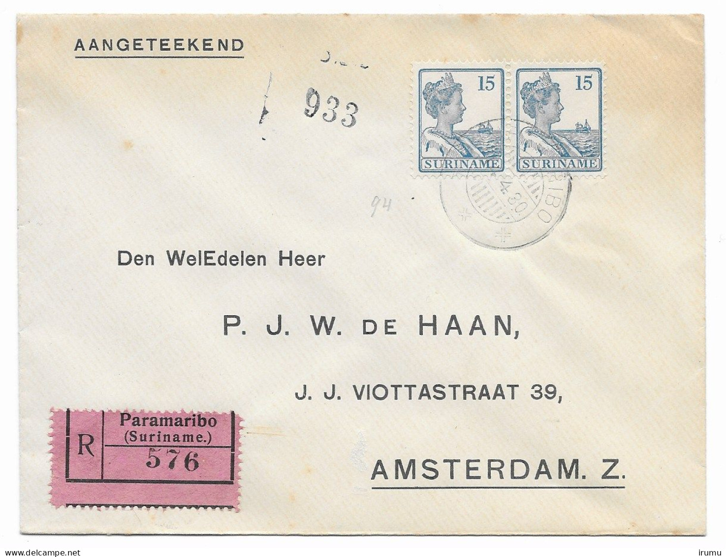 Suriname 1930, Registered To The Netherlands With Pair Of NVPH 91 (SN 2815) - Suriname ... - 1975