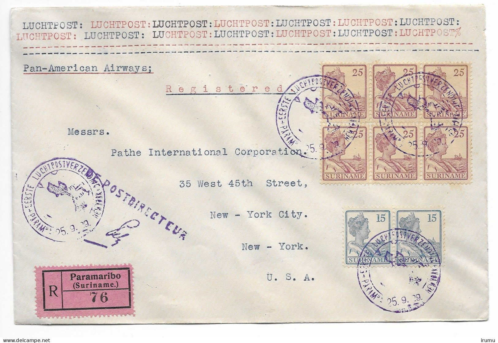 Suriname 1929, Registered Air Mail To US (SN 2817) - Surinam ... - 1975