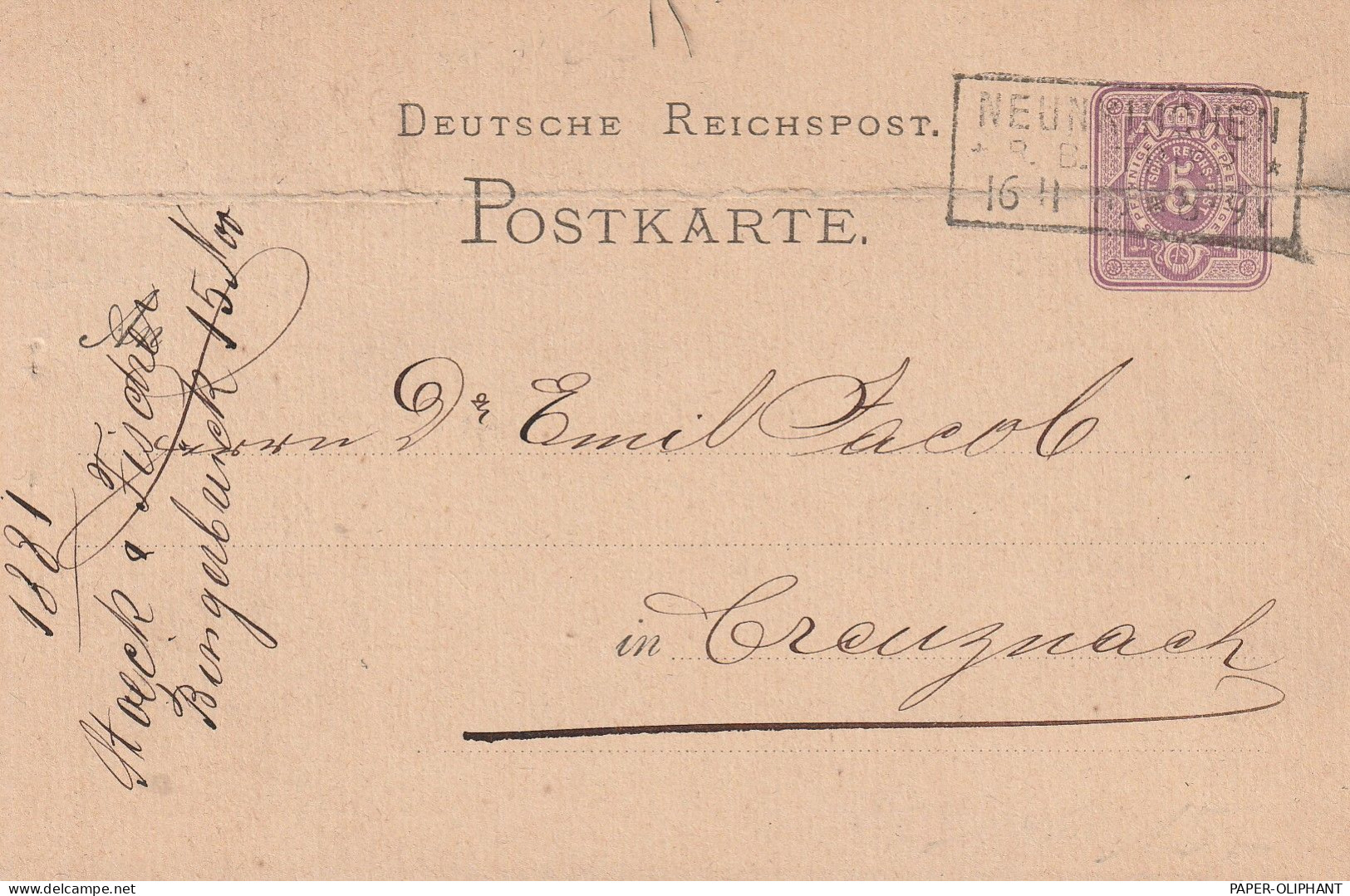 6530 BINGEN - BINGERBRÜCK, Privat-GA  Stöck & Fischer, 1881, Querbug, Kastenstempel Neunkirchen - Bingen
