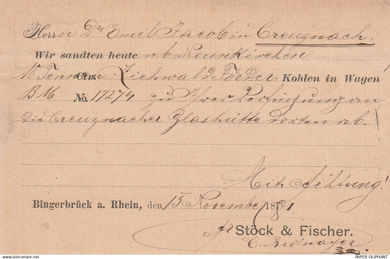 6530 BINGEN - BINGERBRÜCK, Privat-GA  Stöck & Fischer, 1881, Querbug, Kastenstempel Neunkirchen - Bingen