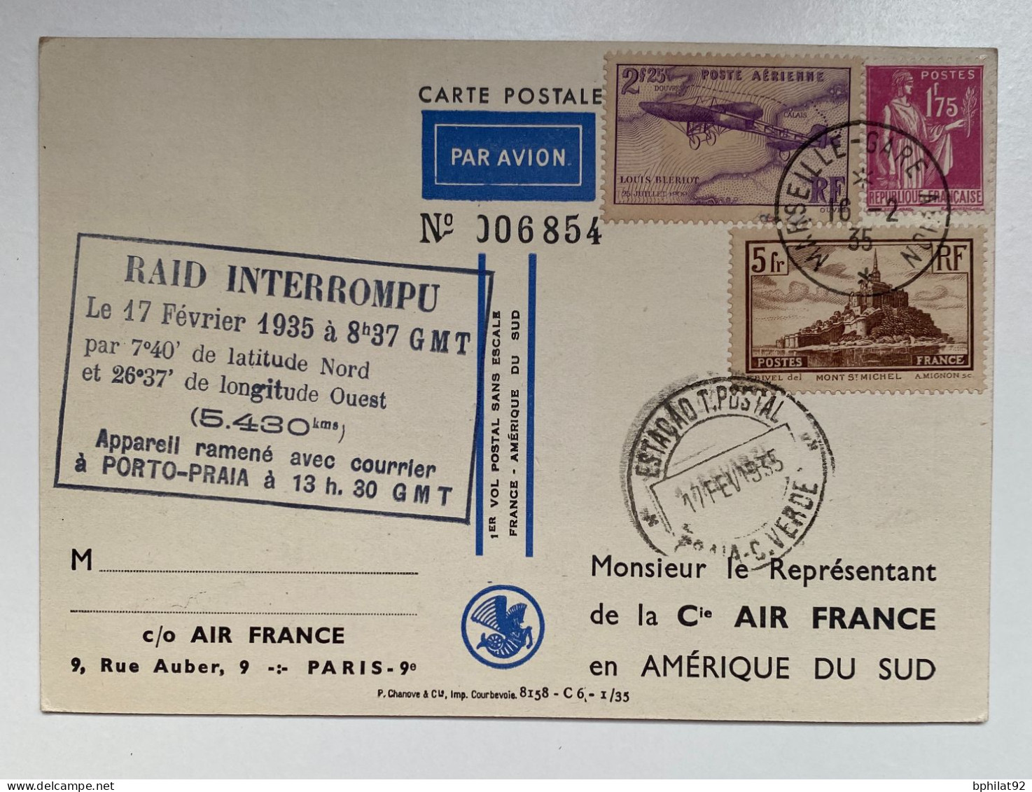 !!! COURRIER ACCIDENTÉ,CARTE POSTALE AIR FRANCE POUR AMÉRIQUE DU SUD RAID INTERROMPU CAP VERT 17/2/1935 - Lettres Accidentées