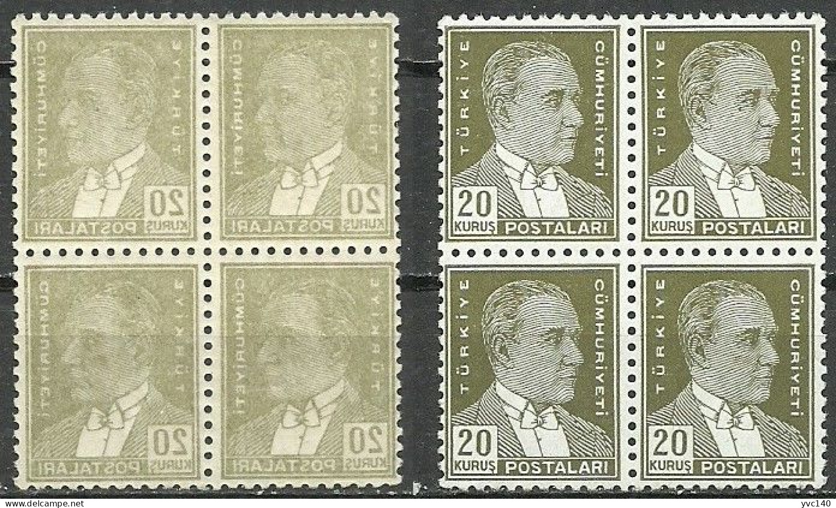 Turkey; 1933 2nd Ataturk Issue Stamp 20 K. "Abklatsch" ERROR (Block Of 4) - Ongebruikt