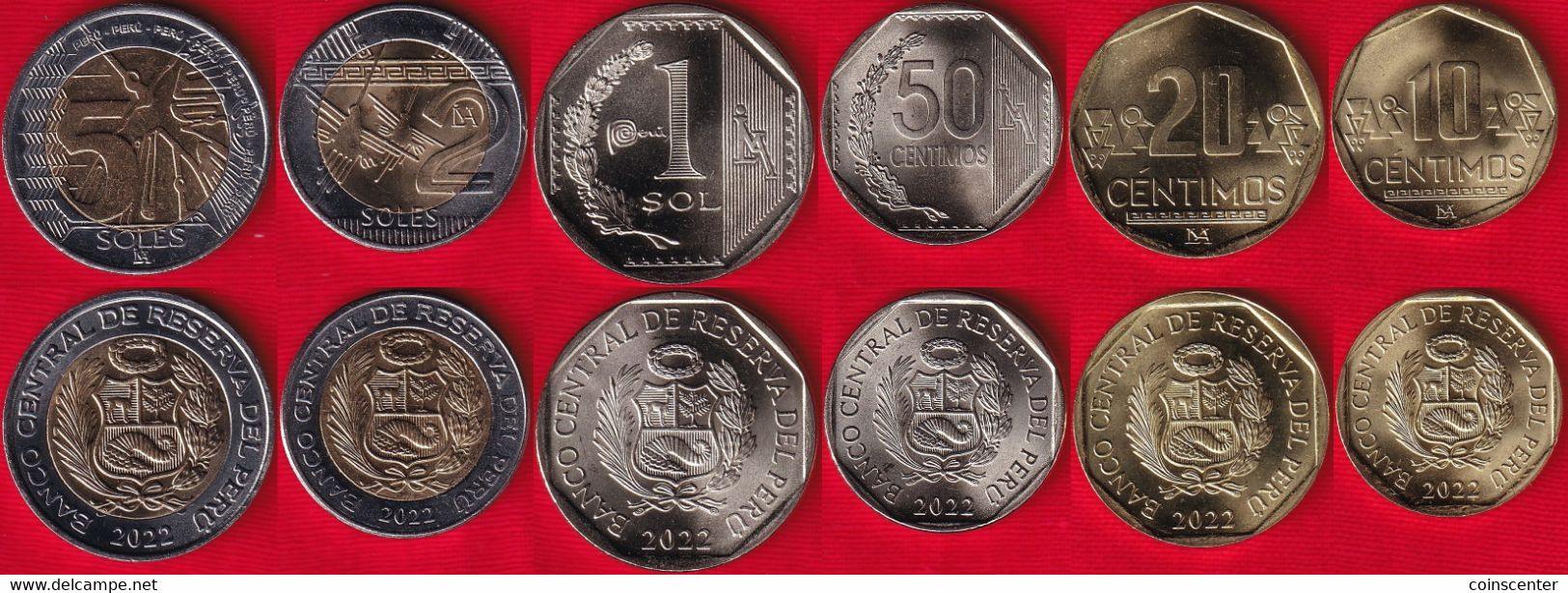 Peru Set Of 6 Coins: 10 Centimos - 5 Soles 2022 UNC - Pérou