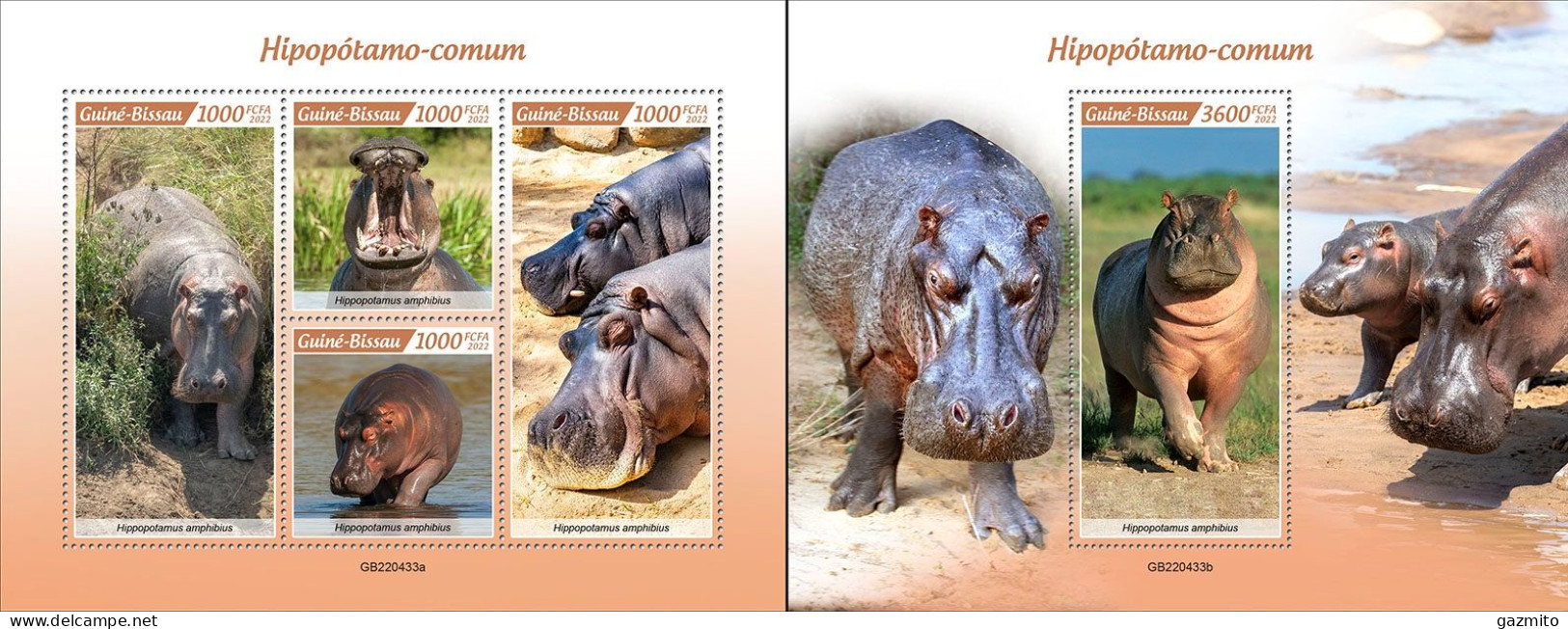 Guinea Bissau 2022, Animals, Hippo, 4val In BF+BF - Otros & Sin Clasificación