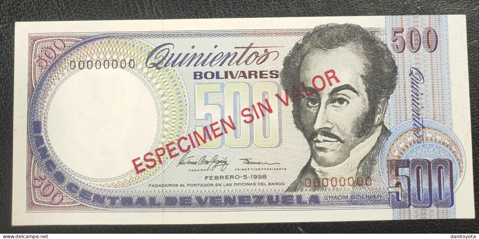 VENEZUELA. 500 BOLIVARES 5 FEBRERO DE 1998 ESPECIMEN SIN VALOR SIN CIRCULAR. - Venezuela