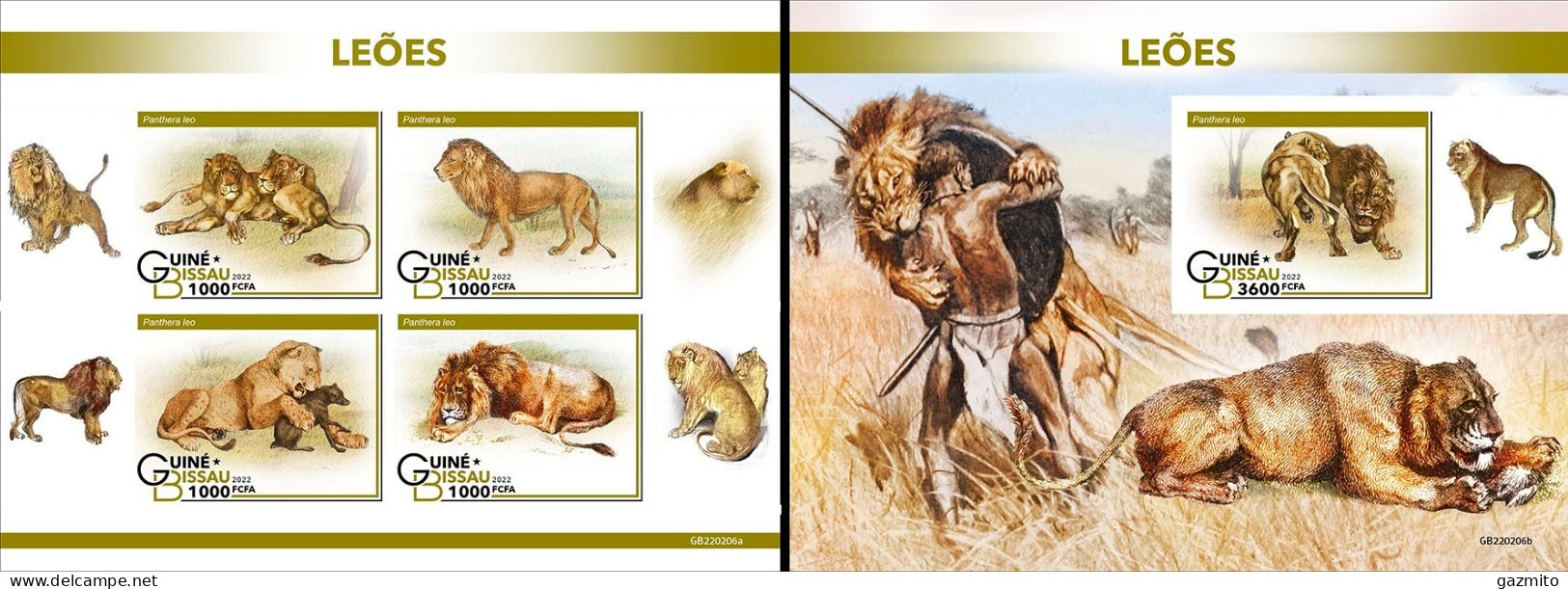 Guinea Bissau 2022, Animals, Lions, 4val In BF+BF IMPERFORATED - Big Cats (cats Of Prey)