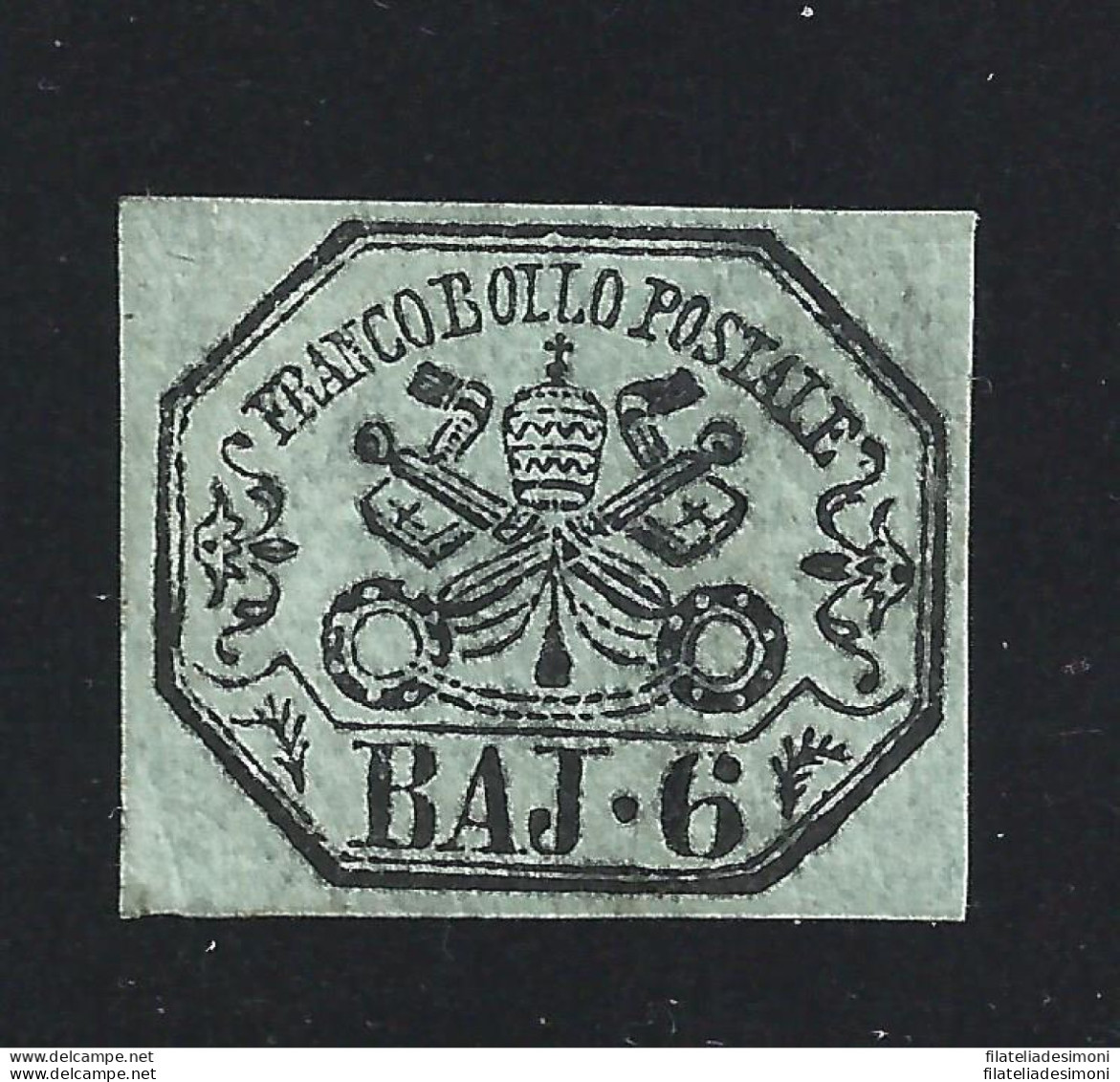 1852 Stato Pontificio, 6 Baj Grigio-verdastro N° 7 Firma Bolaffi MLH* - Etats Pontificaux