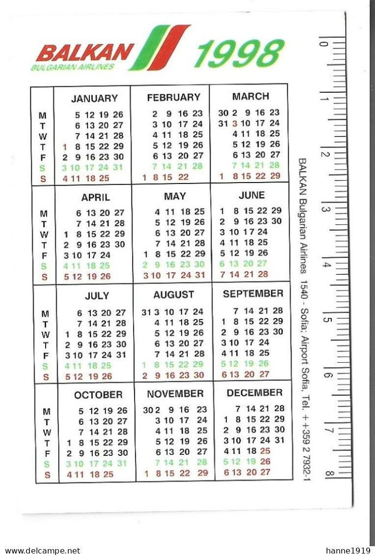 Bulgarian Airlines Balkan Vliegtuig Avion 1998 Kalender Htje - Tamaño Pequeño : 1991-00