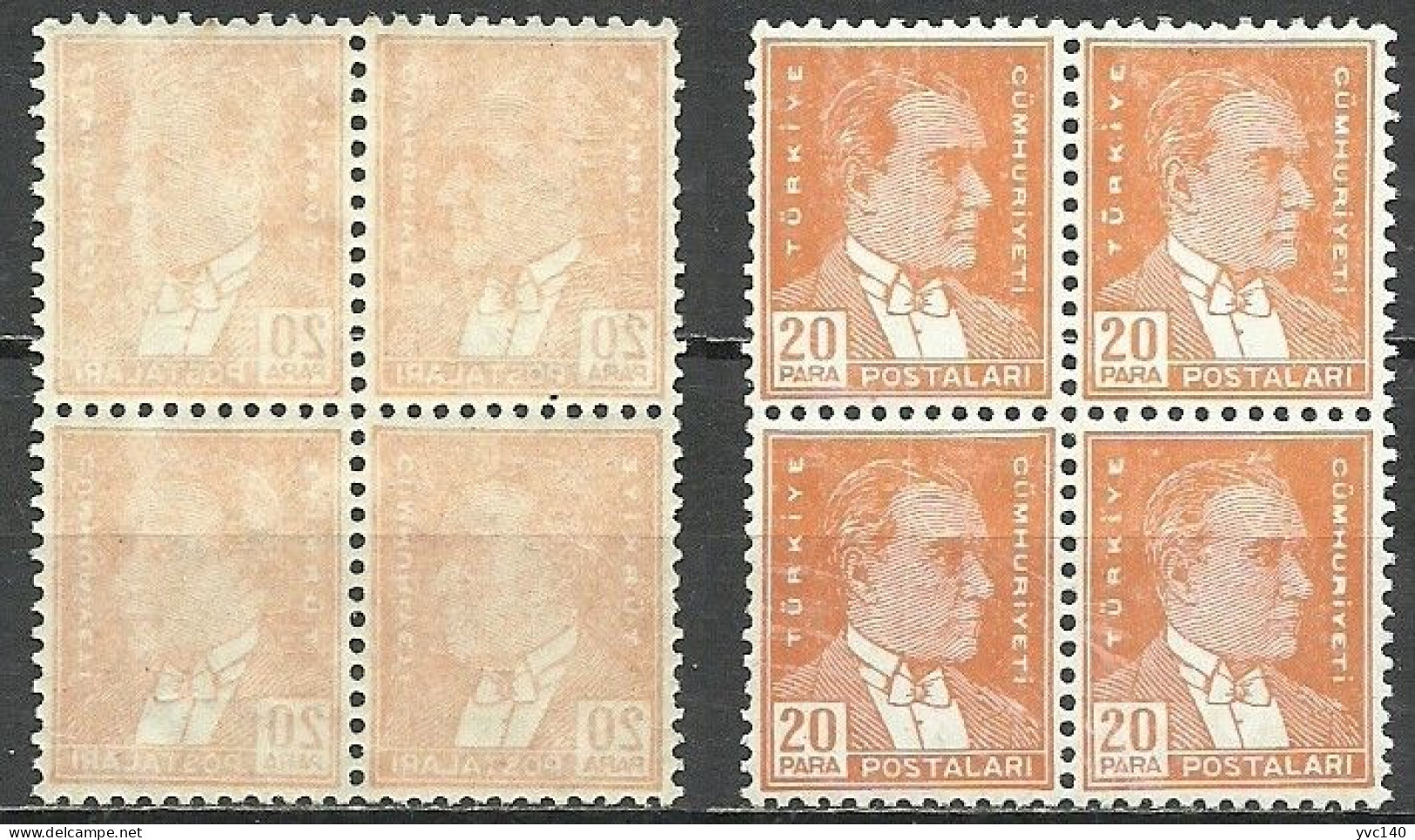 Turkey; 1933 2nd Ataturk Issue Stamp 20 P. "Abklatsch" ERROR (Block Of 4) - Ongebruikt