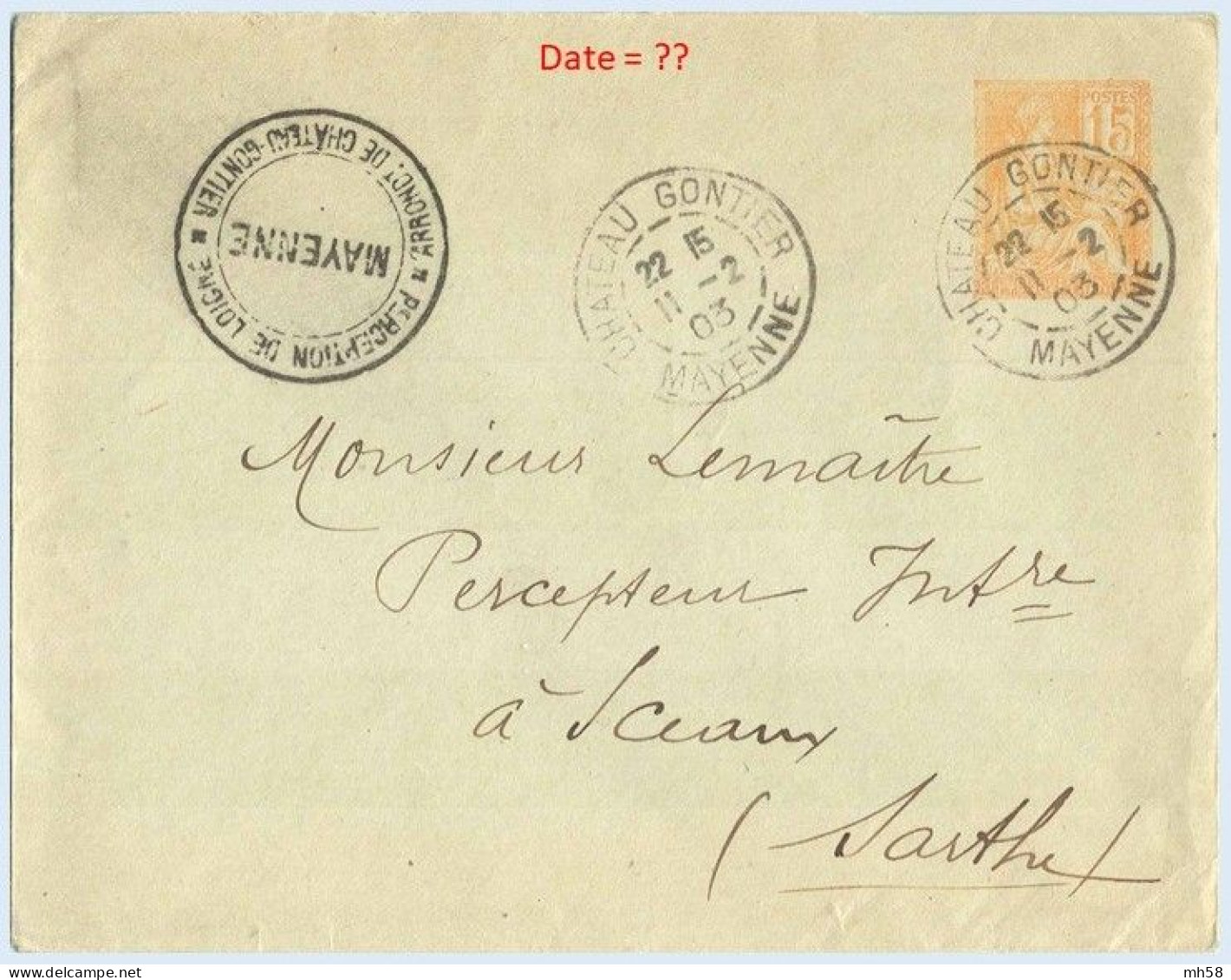 Entier FRANCE - Enveloppe Date ?? Oblitéré - 15c Mouchon Primitif Orange - Standard Covers & Stamped On Demand (before 1995)