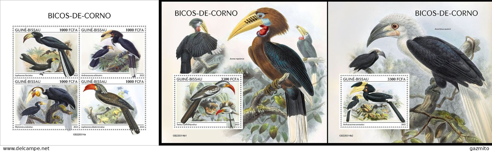Guinea Bissau 2022, Animals, Hornbills, 4val In BF+2BF - Perroquets & Tropicaux