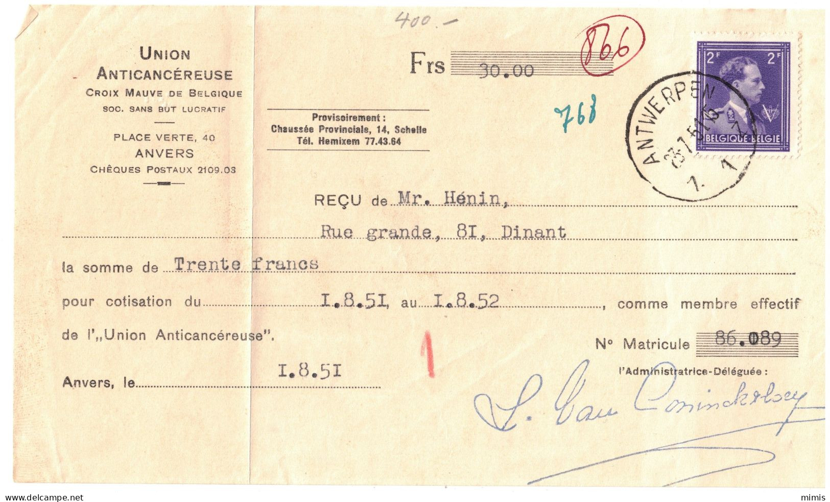 BELGIQUE        Reçu Daté Du 01/08/1951 - Documentos