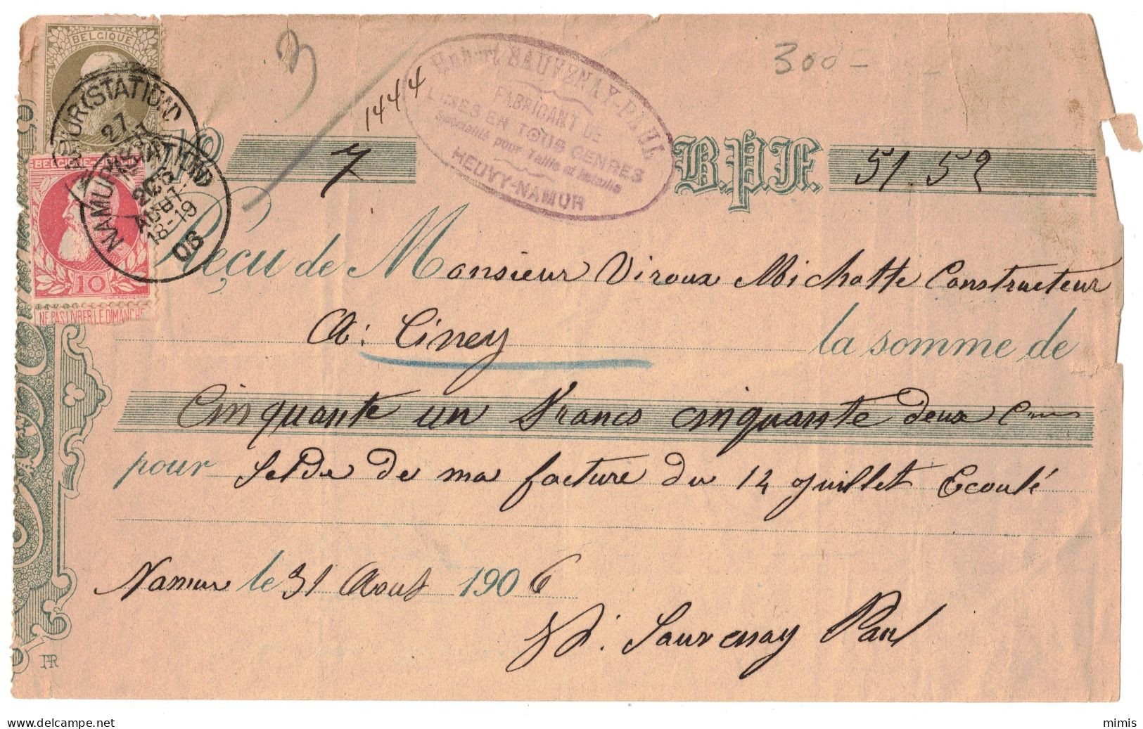 BELGIQUE        Reçu Daté Du 31/08/1906 - Documents